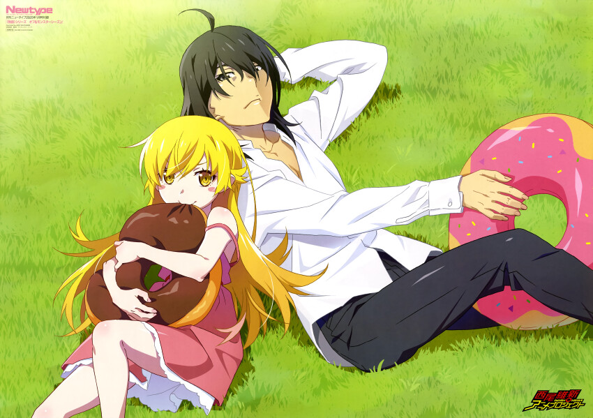 1boy 1girl absurdres ahoge araragi_koyomi artist_name bare_arms bare_shoulders black_hair black_pants blonde_hair blush_stickers copyright_name copyright_notice doughnut-shaped_pillow dress dress_shirt from_above grass grey_eyes hand_on_own_head highres layered_dress long_hair long_sleeves looking_at_viewer looking_up medium_hair monogatari_(series) newtype official_art on_grass on_ground oshino_shinobu pants pink_dress shirt sleeveless sleeveless_dress sundress watanabe_akio white_shirt yellow_eyes