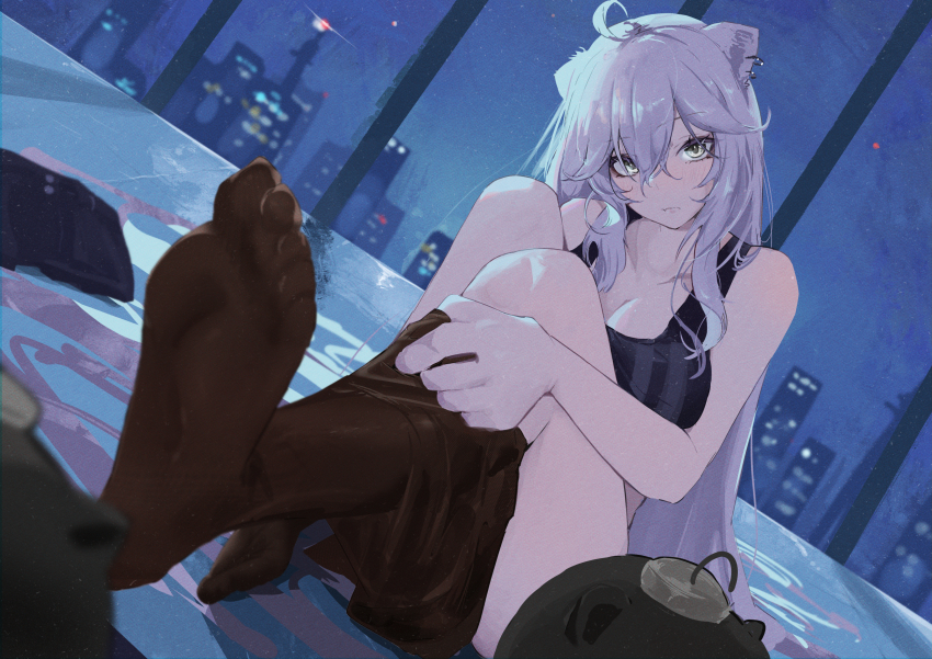 1girl absurdres ahoge animal_ears bare_shoulders black_pantyhose blush breasts cleavage dressing earrings feet foot_focus grey_hair hair_between_eyes highres hololive jewelry lion_ears long_hair looking_at_viewer menomeno_draw night pantyhose shishiro_botan sitting soles solo ssrb_(shishiro_botan) virtual_youtuber