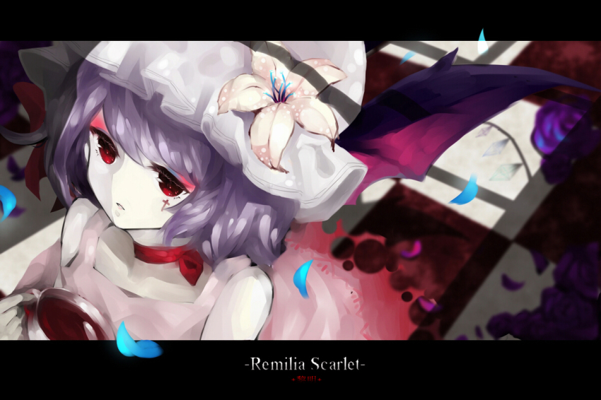 1girl bad_id bad_pixiv_id bat_wings character_name choker colored_eyelashes cross female_focus flower hat hat_flower letterboxed light_purple_hair lily_(flower) pale_skin petals purple_hair red_eyes remilia_scarlet ribbon_choker sevten_(ashkeroth) solo tattoo tea teapot touhou wings