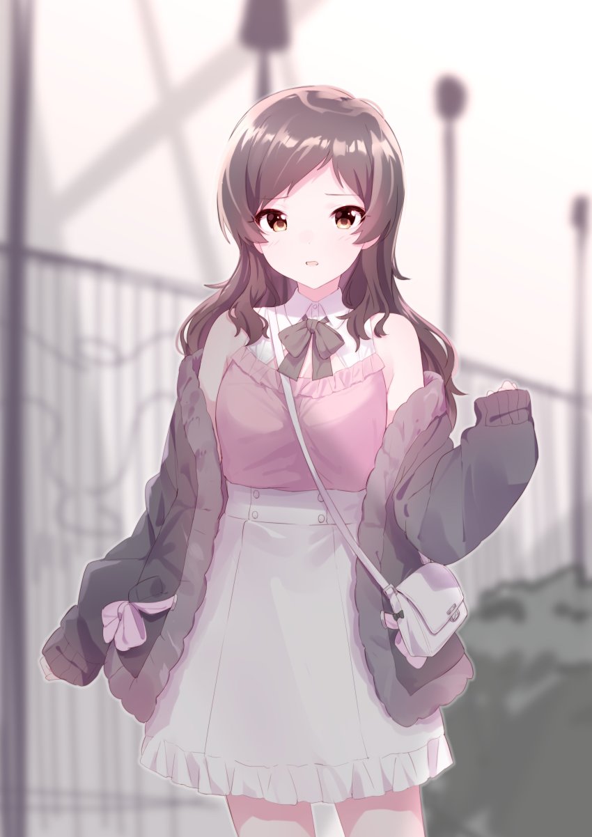 1girl absurdres arm_at_side bag bare_shoulders between_breasts blurry blurry_background bow bowtie breasts brown_eyes brown_hair cleavage collared_shirt cowboy_shot day frilled_shirt frilled_skirt frills grey_bow grey_bowtie grey_jacket hand_up handbag high-waist_skirt highres idolmaster idolmaster_million_live! jacket kitazawa_shiho light_blush long_hair long_sleeves looking_at_viewer norada off_shoulder open_clothes open_jacket open_mouth outdoors parted_bangs pink_bow pink_shirt shirt shoulder_bag skirt sleeveless sleeveless_shirt sleeves_past_wrists solo standing strap_between_breasts white_skirt