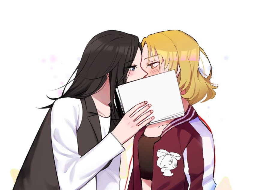 10s 2girls bang_dream! black_hair blonde_hair blue_eyes censored_kiss holding jacket kiss multiple_girls paper sato_masuki track_jacket upper_body vest wakana_rei yellow_eyes yuri