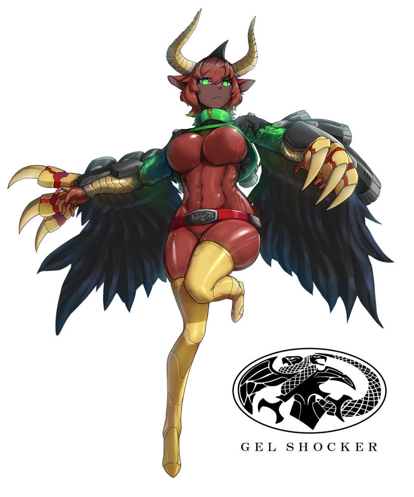 1girl animal_ears belt belt_buckle bird_girl bird_wings black_wings bodysuit boots buckle commentary cyborg dark-skinned_female dark_skin eidenjyou1997 english_commentary fake_claws garaox genderswap genderswap_(mtf) green_eyes highres horns impossible_bodysuit impossible_clothes kaijin kamen_rider kamen_rider_(1st_series) logo monster_girl ox_ears ox_girl ox_horns red_belt red_bodysuit red_hair simple_background solo thigh_boots white_background winged_arms wings yellow_footwear