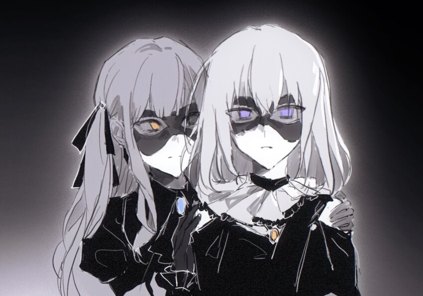 2girls bang_dream! bang_dream!_it&#039;s_mygo!!!!! blue_brooch commentary english_commentary gloves greyscale hair_ribbon hand_on_another&#039;s_shoulder long_hair looking_at_viewer mask masquerade_mask medium_hair misumi_uika mixed-language_commentary monochrome multiple_girls purple_eyes ribbon sidelocks spot_color togawa_sakiko two_side_up um1227_l upper_body yellow_brooch yellow_eyes