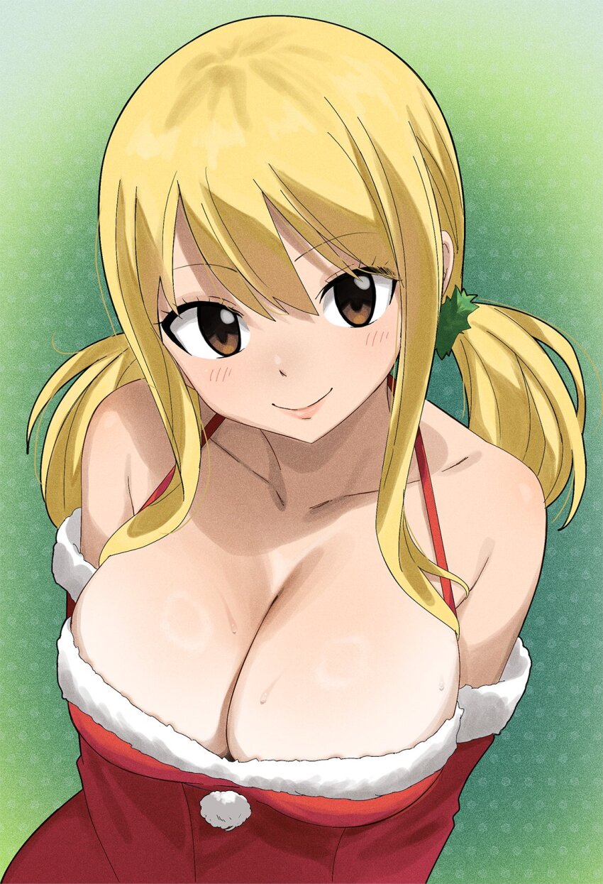 1girl blonde_hair breasts brown_eyes christmas cleavage collarbone detached_sleeves dress fairy_tail gaston18 hair_between_eyes highres large_breasts lips long_sleeves looking_at_viewer lucy_heartfilia no_bra red_dress santa_dress sidelocks smile twintails