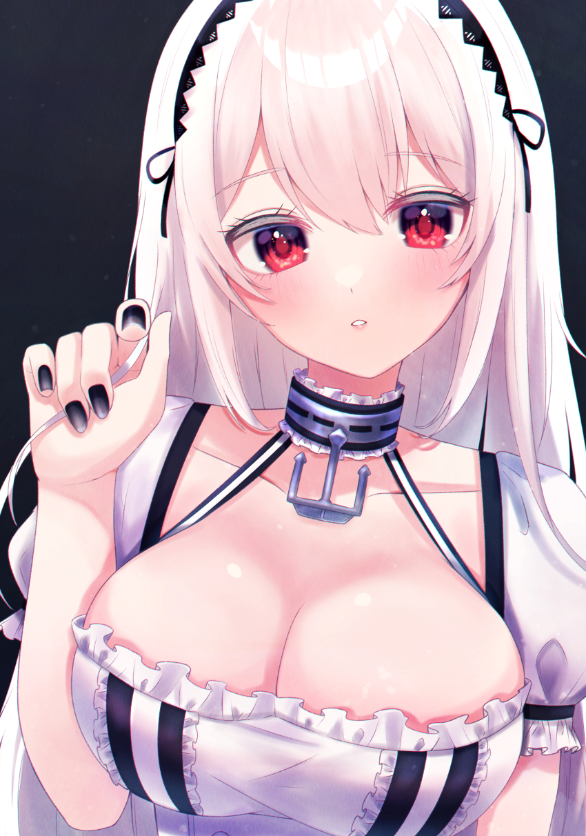 1girl absurdres anchor_choker azur_lane black_background black_nails breasts cleavage collarbone frills hair_between_eyes hairband highres junineu lace-trimmed_hairband lace_trim large_breasts looking_at_viewer nail_polish puffy_short_sleeves puffy_sleeves red_eyes short_hair short_sleeves simple_background sirius_(azur_lane) solo upper_body white_hair