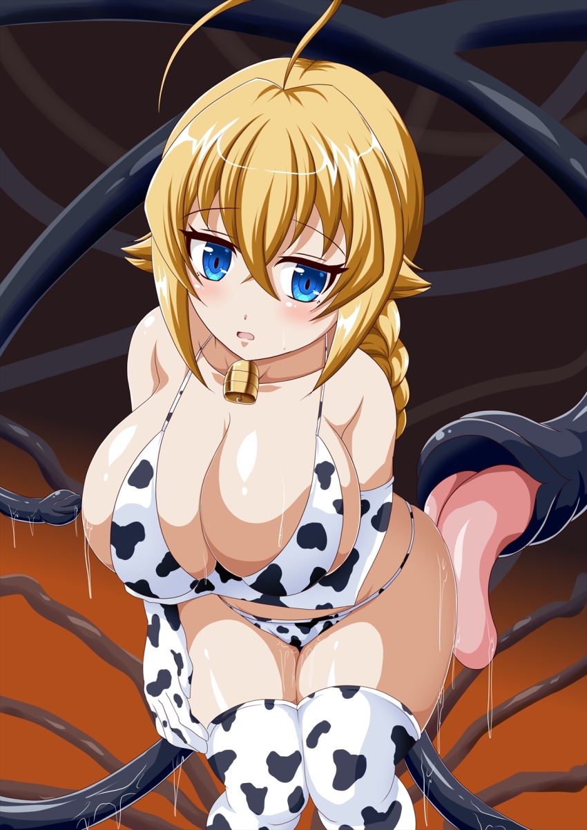 1girl animal_print arc_system_works bare_shoulders bikini blazblue blonde_hair blue_eyes breasts collarbone cow_print cow_print_bikini cowbell es_(xblaze) hair_between_eyes highres large_breasts looking_at_viewer open_mouth print_bikini solo_focus suzumori swimsuit tentacle_tongue tentacles xblaze