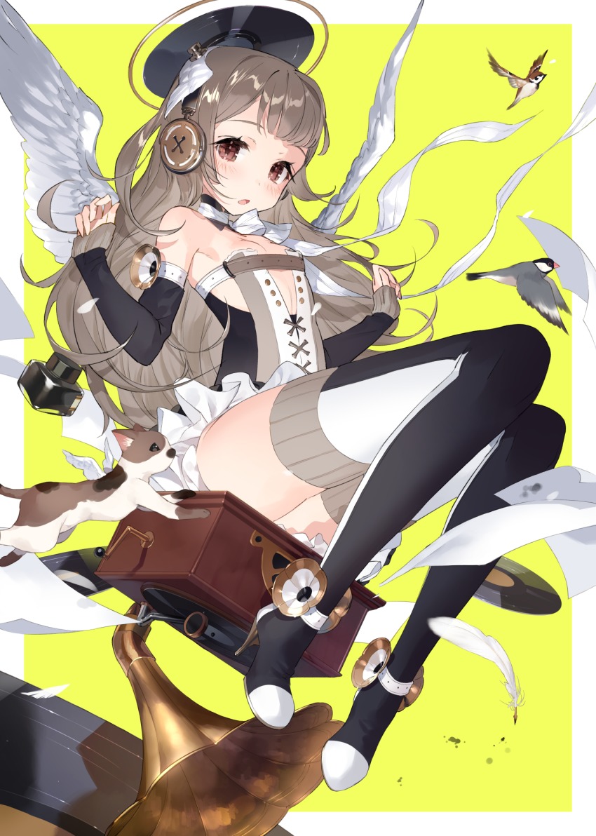 1girl :o angel angel_wings animal ankle_strap bird black_hair blush boots brown_eyes brown_hair cat choker clenched_hands commentary cross-laced_clothes detached_collar detached_sleeves dress english_commentary feathered_wings feathers female_focus flat_chest green_background halo hands_up head_wings headphones high_heel_boots high_heels highres inkwell long_hair looking_at_viewer original outside_border papers phonograph pun record ribbon ribbon_choker sitting sleeves_past_wrists solo speaker strapless strapless_dress thigh_boots thighhighs tonito white_feathers white_ribbon white_wings winged_animal wings yellow_background