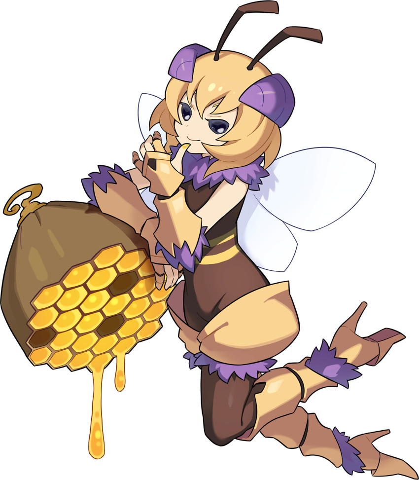 1girl antennae arthropod_girl artist_request bee_girl beehive black_eyes blank_eyes blonde_hair bodystocking bonnie_(world_flipper) boots closed_mouth female_focus flat_chest floating food_on_hand from_side full_body fur-trimmed_footwear fur-trimmed_shorts fur_collar fur_trim gauntlets gloves hand_up happy high_heels highres hive honey honeycomb insect_girl insect_wings knee_boots leaning leaning_on_object leg_up looking_at_viewer non-web_source official_art partially_fingerless_gloves short_hair short_shorts shorts sidelocks simple_background smile solo striped transparent_background white_wings wings world_flipper yellow_footwear yellow_gloves yellow_shorts