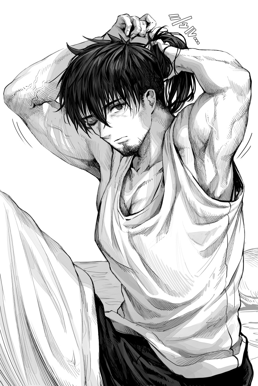 1boy absurdres armpits arms_behind_head beard bed bed_sheet black_hair boroboro_no_elf-san_o_shiawaseni_suru_kusuri_uri-san commentary_request facial_hair gibagiba greyscale highres kusuriuri-san medium_hair monochrome muscular muscular_male official_art one_eye_closed shirt short_ponytail sitting sleeveless solo t-shirt tank_top tying_hair white_background