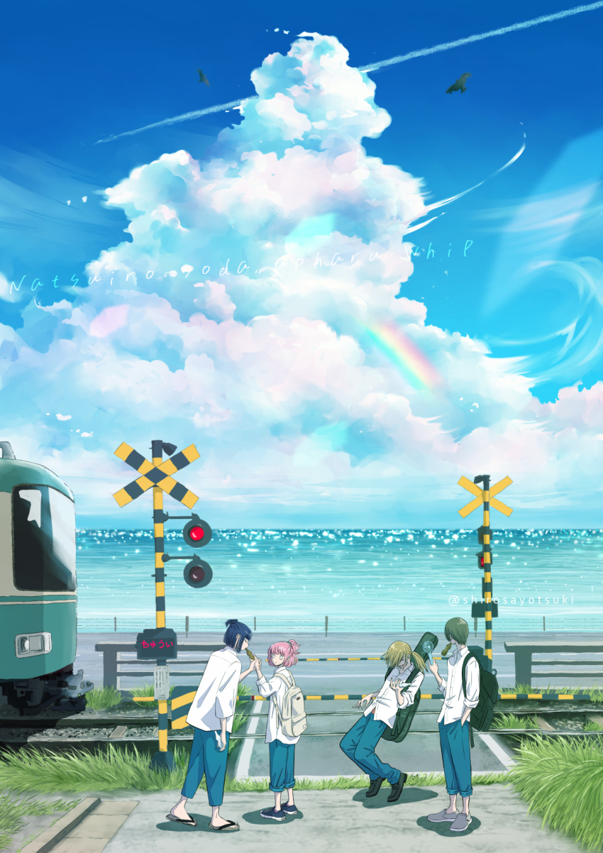 1girl 3boys air_guitar backpack bag blue_sky cloud collared_shirt cumulonimbus_cloud day friends guitar_case handheld_electric_fan highres instrument_case multiple_boys multiple_unit_train ocean original outdoors railroad_crossing railroad_tracks rainbow ramune sandals shirosayotsuki shirt shoes sky train white_shirt