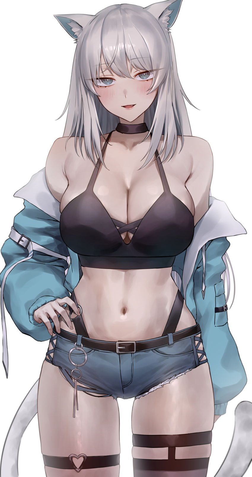 1girl absurdres animal_ears bare_shoulders blue_jacket blue_shorts blush breasts cat_girl cleavage commentary commission cowboy_shot english_commentary grey_eyes grey_hair hand_on_own_hip highres jacket large_breasts long_hair long_sleeves looking_at_viewer monegi navel off_shoulder open_clothes open_jacket original parted_lips pixiv_commission short_shorts shorts simple_background smile solo stomach thigh_strap thighs white_background