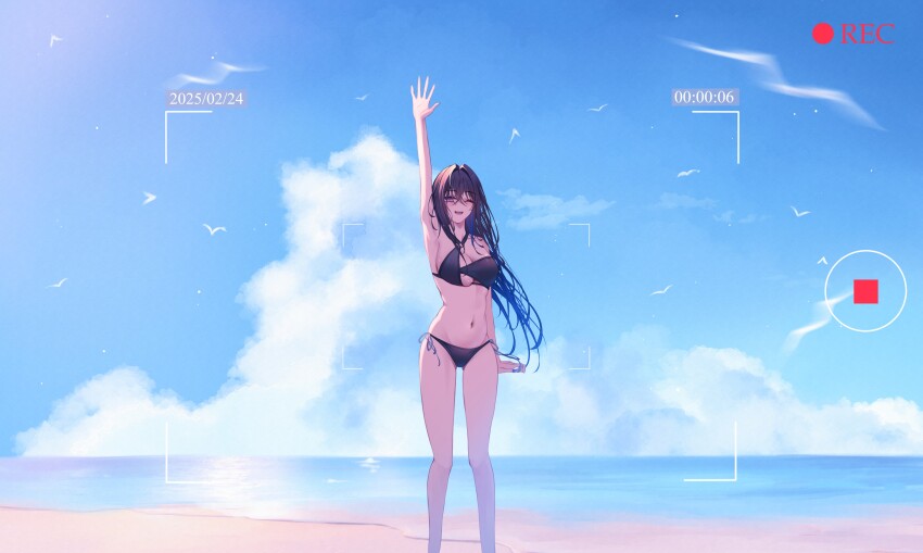 1girl absurdres asymmetrical_bikini beach bikini black_bikini black_hair blue_hair breasts haru_(haru83380282) highres ichinose_uruha_(vspo!_summer_2024) large_breasts long_hair looking_at_viewer multicolored_hair navel o-ring o-ring_bikini o-ring_top purple_eyes recording side-tie_bikini_bottom solo standing streaked_hair swimsuit viewfinder virtual_youtuber vspo! waving