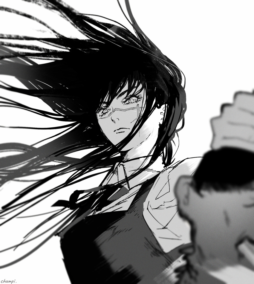 1girl black_hair chainsaw_man champi commentary cross_scar dress facial_scar floating_hair fourth_east_high_school_uniform greyscale highres long_hair monochrome neck_ribbon pinafore_dress ribbon ringed_eyes scar scar_on_cheek scar_on_face scar_on_nose school_uniform severed_head simple_background sleeveless sleeveless_dress tanaka_(chainsaw_man) white_background yoru_(chainsaw_man)