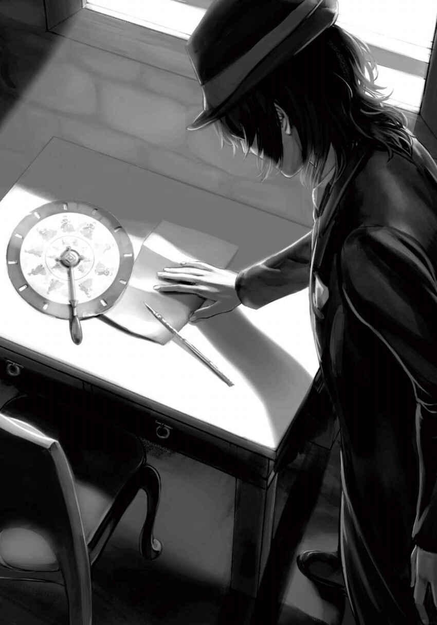 1boy chair desk fata_morgana_no_yakata fedora formal_clothes from_above greyscale hat highres jacopo_bearzatti looking_at_object looking_down male_focus medium_hair monochrome moyatarou non-web_source novel_illustration official_art paper solo suit window