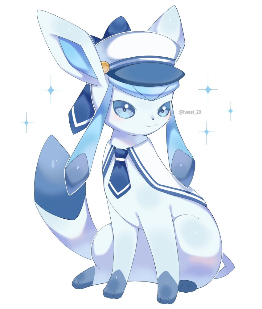 artist_name blue_eyes blue_fur blue_hat blush clothed_pokemon creatures_(company) game_freak gen_4_pokemon glaceon glaceon_(summer_sailor) hat highres iwasi_29 light_smile nintendo no_humans official_alternate_costume pokemon pokemon_cafe_remix sailor_hat simple_background sitting solo sparkle two-tone_fur two-tone_hat white_background white_hat