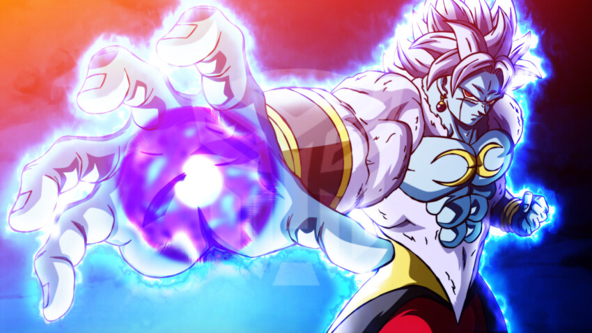 1boy arm_cuffs aura blue_skin chest_markings clenched_hand colored_skin dragon_ball dragon_ball_heroes dragon_ball_xenoverse earrings energy foreshortening highres infinity_symbol jewelry long_hair male_focus mira_(dragon_ball) mohasetif muscular muscular_male no_eyebrows open_hand pants potara_earrings red_eyes red_pants solo spiked_hair watermark white_fur white_hair