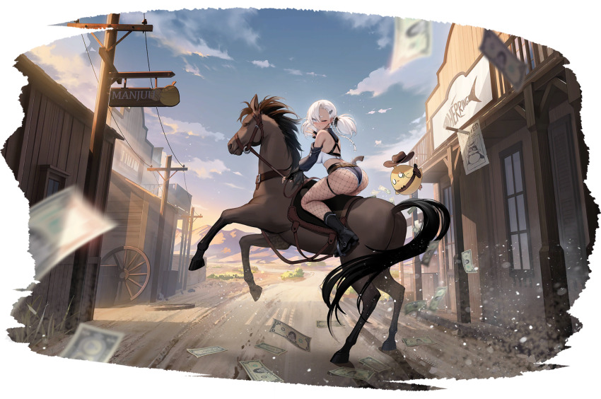 1girl animal ass azur_lane bare_shoulders belt bird boots breasts dark-skinned_female dark_skin day fingerless_gloves fishnet_pantyhose fishnets gloves gun hair_ornament handgun herring_(azur_lane) herring_(the_town_with_no_shade)_(azur_lane) highres horse horseback_riding k.t.cube long_hair looking_at_viewer manjuu_(azur_lane) medium_breasts money official_art outdoors pantyhose revolver riding short_shorts shorts thighs twintails weapon white_hair