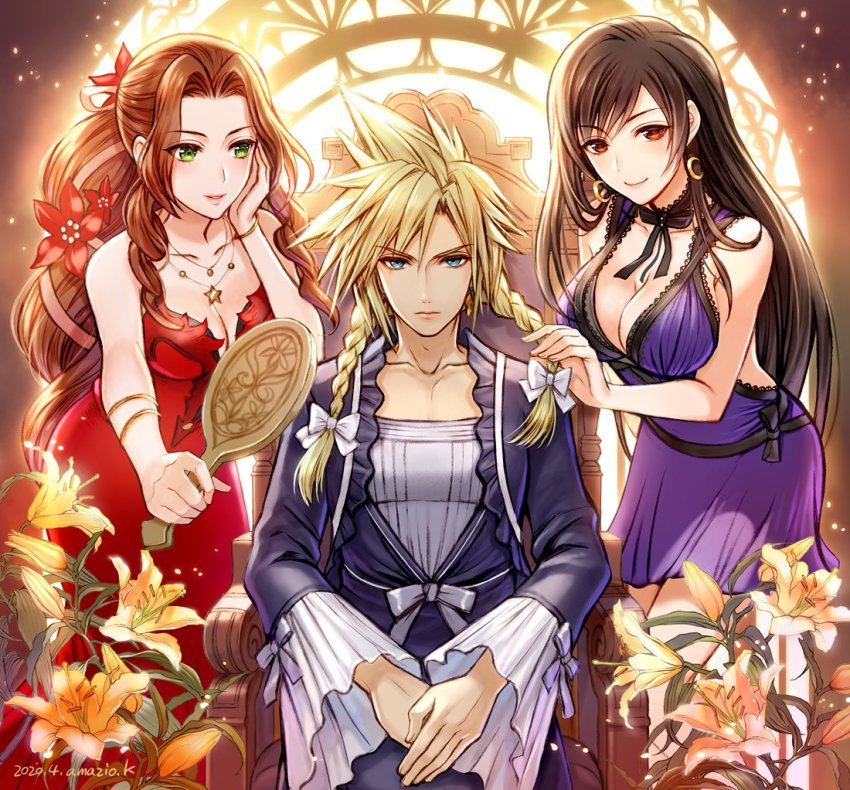 aerith_gainsborough aerith_gainsborough_(red_dress) amazio_komeko black_bow black_bowtie bow bowtie braid cloud_strife cloud_strife_(black_dress) crossdressing dress final_fantasy final_fantasy_vii final_fantasy_vii_remake flower mirror square_enix tifa_lockhart tifa_lockhart_(refined_dress) twin_braids wall_market