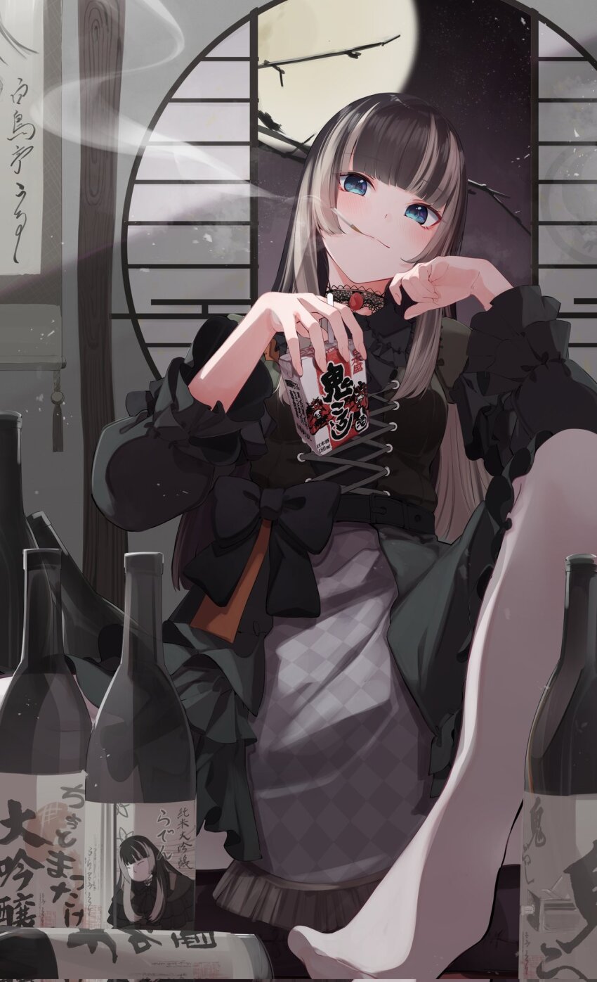 1girl alcohol_carton black_bow black_choker black_hair blue_eyes blunt_bangs blush bottle bow choker cigarette commentary_request corrupted_twitter_file dress drinking_straw feet highres hime_cut hololive hololive_dev_is indoors juufuutei_raden juufuutei_raden_(1st_costume) lace lace_choker long_hair long_sleeves looking_at_viewer moon motoi_(croa76) multicolored_hair night pantyhose sidelocks sitting smile smoke smoking solo streaked_hair translation_request virtual_youtuber white_hair white_pantyhose