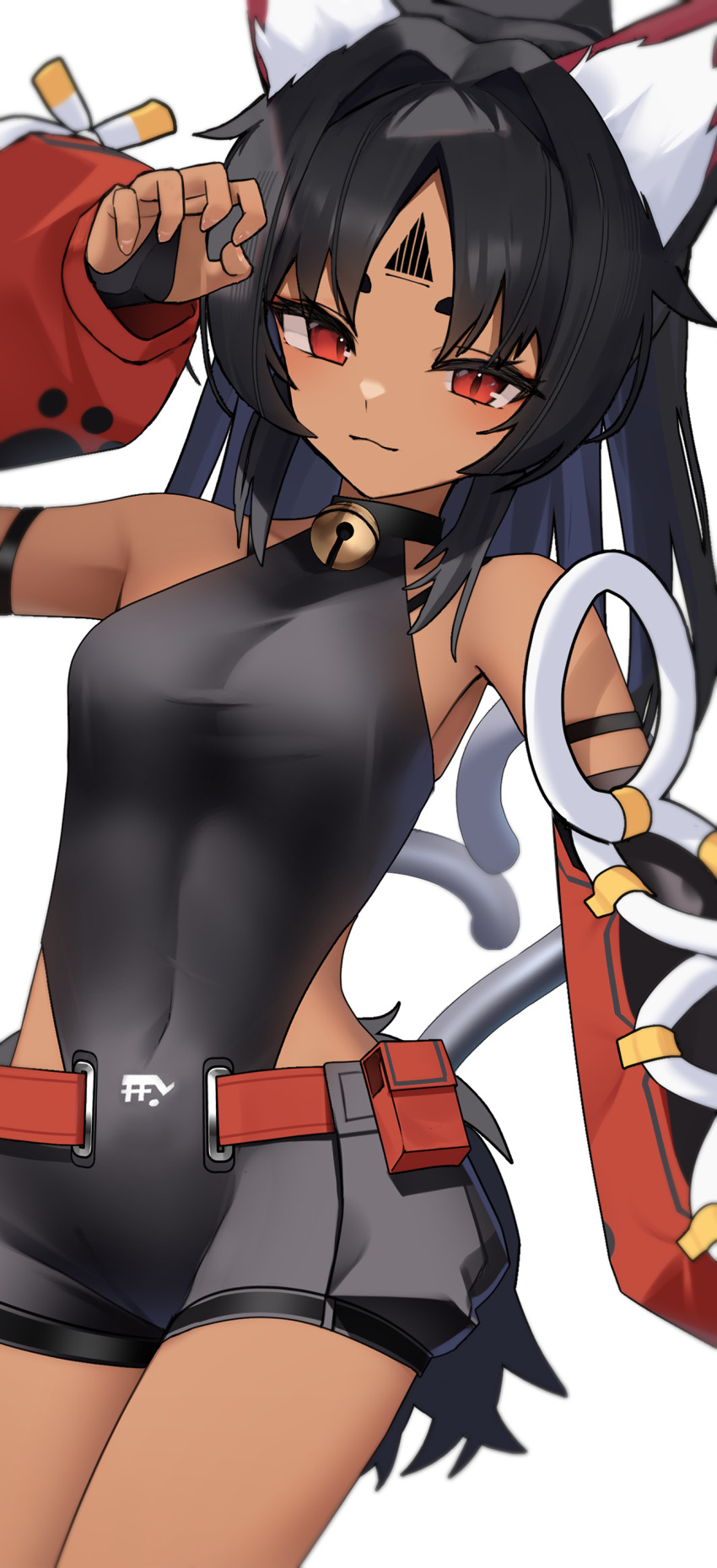 1girl absurdres alternate_costume animal_ears bell black_choker black_hair black_leotard breasts cat_ears cat_girl cat_tail choker commentary_request dark-skinned_female dark_skin detached_sleeves facial_mark forehead_mark forehead_tattoo highres leotard long_hair long_sleeves looking_at_viewer medium_breasts multiple_tails neck_bell nekomiya_mana puffy_long_sleeves puffy_sleeves red_eyes red_sleeves sidelocks solo tail thomas_8000 triangle triangle_facial_mark two_tails white_background zenless_zone_zero