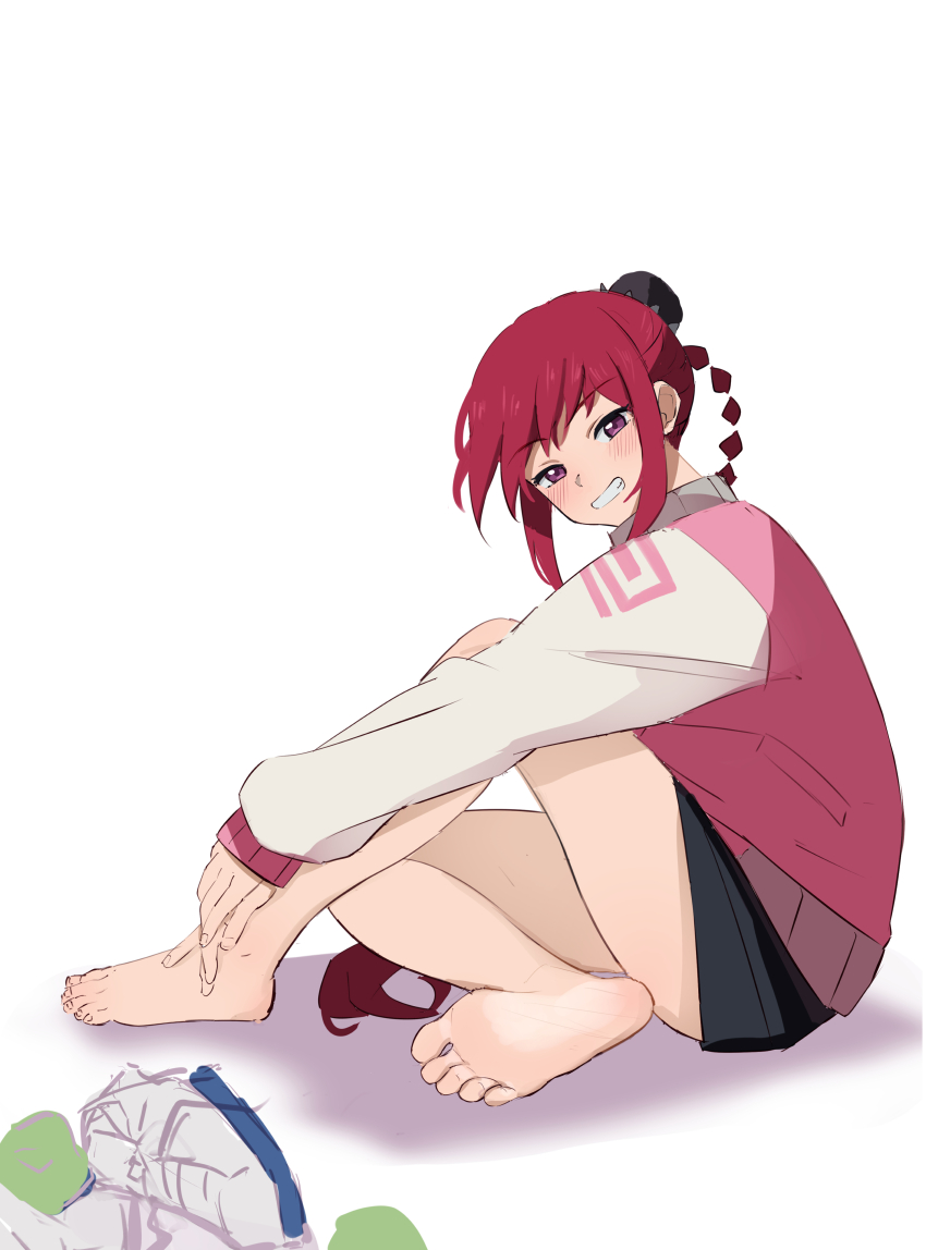 1girl aahoge1 absurdres barefoot blush braid feet grin highres long_hair looking_at_viewer lu_xiaotang purple_eyes red_hair sakamoto_days shoes smile soles toes unworn_shoes unworn_socks