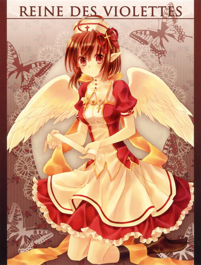 1girl absurdres angel_wings bandages blush brown_eyes brown_hair dress female_focus full_body hat highres kneeling original pointy_ears short_hair solo wings yashiro_seika