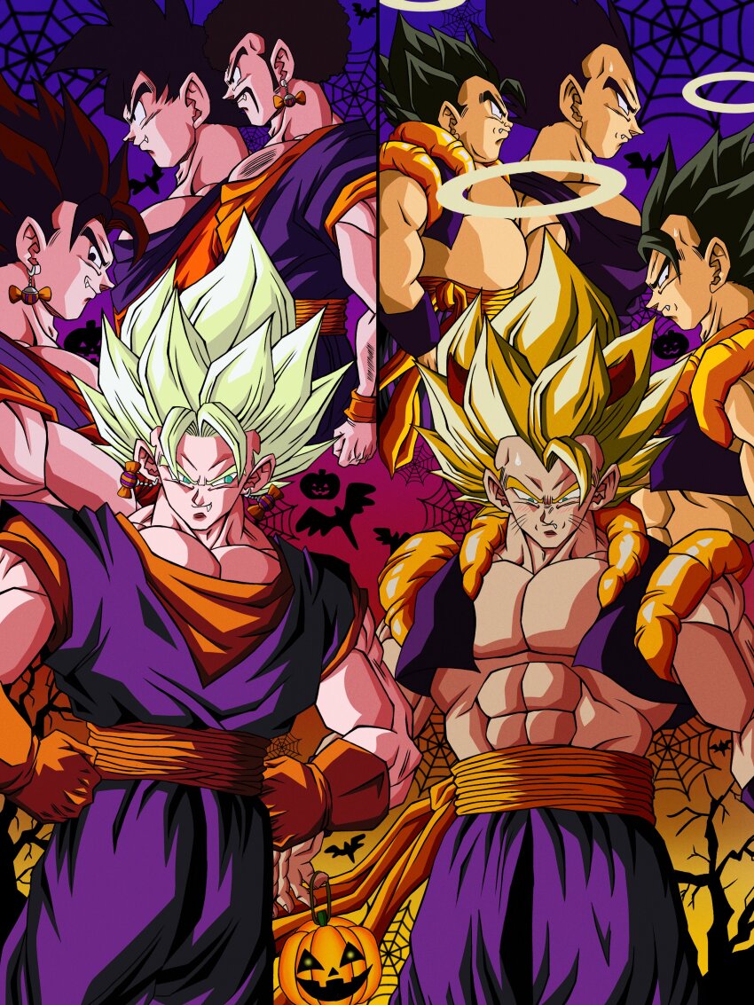 6+boys abs absurdres afro blonde_hair candy_earrings chest_hair commentary dragon_ball dragonball_z earrings english_commentary facial_hair facial_mark fang fat fat_man frown gloves gogeta gotan green_eyes halo hands_on_own_hips highres hiro_(udkod1ezlyi2flo) jack-o&#039;-lantern jewelry large_pectorals male_focus metamoran_vest mixed-language_commentary multiple_boys muscular muscular_male mustache orange_gloves pectorals serious son_goku super_saiyan super_saiyan_1 vegeta vegetto veku whisker_markings white_gloves wristband