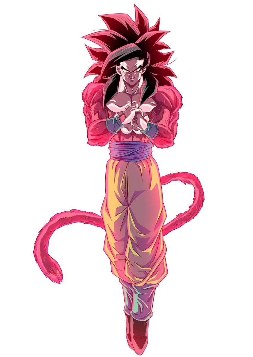 1boy black_hair blue_sash body_fur dragon_ball dragon_ball_gt full_body highres long_hair maju_(lthe2001) male_focus monkey_tail muscular muscular_male pants red_fur red_tail sash smirk solo son_goku spiked_hair super_full_power_saiyan_4 super_saiyan super_saiyan_4 tail topless_male yellow_eyes yellow_pants