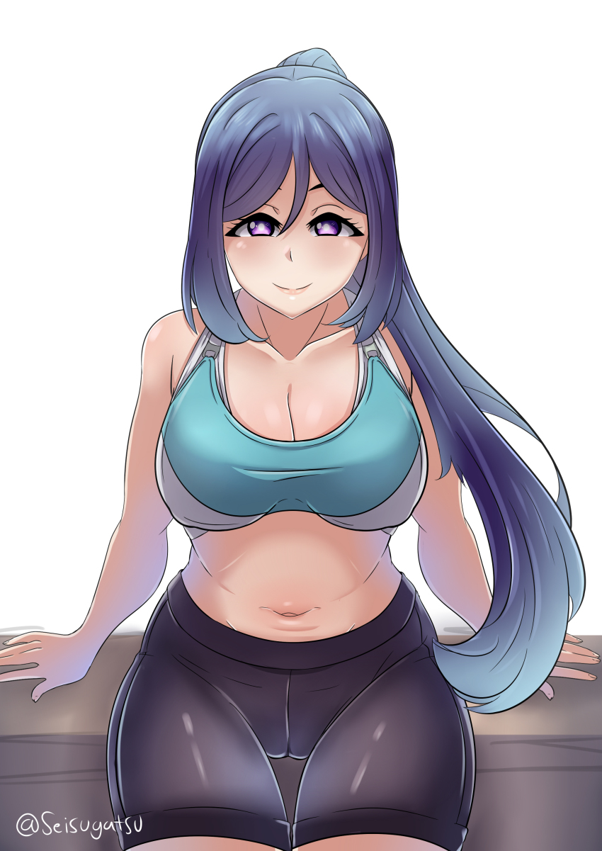 1girl absurdres aqua_tank_top artist_name artist_request bare_shoulders bike_shorts black_pants blue_cap blue_hair blush breasts cleavage collarbone crop_top female_focus floating_hair hair_between_eyes high_ponytail highres long_hair looking_at_viewer love_live! love_live!_school_idol_festival love_live!_sunshine!! matsuura_kanan medium_breasts pants parted_lips ponytail purple_eyes short_pants sitting smile solo sports_bra wavy_hair white_background