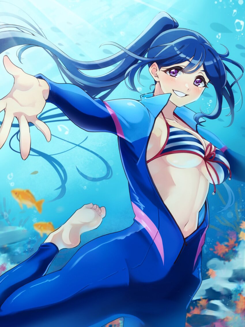 1girl akira_hjk bikini blue_eyes blue_hair blue_wetsuit blush bodysuit breasts bubble commentary_request diving_suit feet fish highres large_breasts long_hair love_live! love_live!_sunshine!! matsuura_kanan navel open_wetsuit ponytail smile striped_bikini striped_clothes swimsuit underboob underwater wetsuit