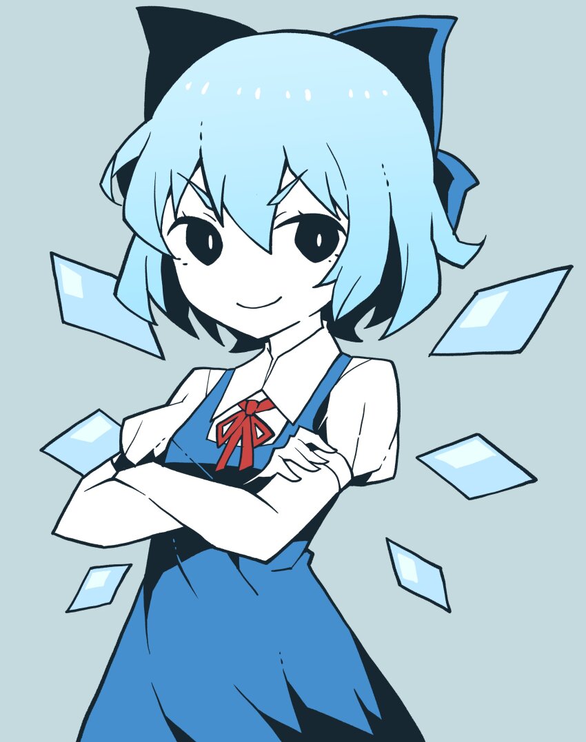 1girl absurdres akableak aqua_hair black_eyes blue_bow blue_dress blue_wings bob_cut bow bowtie breasts bright_pupils cirno cirno_day collared_shirt colored_skin commentary cowboy_shot crossed_arms dress dress_shirt english_commentary from_side grey_background hair_bow highres ice ice_wings looking_at_viewer looking_to_the_side neck_ribbon pinafore_dress puffy_short_sleeves puffy_sleeves red_bow red_bowtie red_ribbon ribbon shirt short_hair short_sleeves simple_background sleeveless sleeveless_dress small_breasts smile smug solo standing touhou v-shaped_eyebrows white_pupils white_shirt white_skin wings