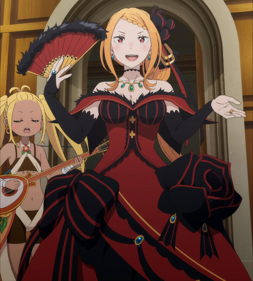 2girls blonde_hair breasts bridal_gauntlets cleavage dress hair_ornament hand_fan large_breasts liliana_masquerade long_hair multiple_girls orange_hair priscilla_barielle re:zero_kara_hajimeru_isekai_seikatsu red_dress red_eyes stitched third-party_edit twintails