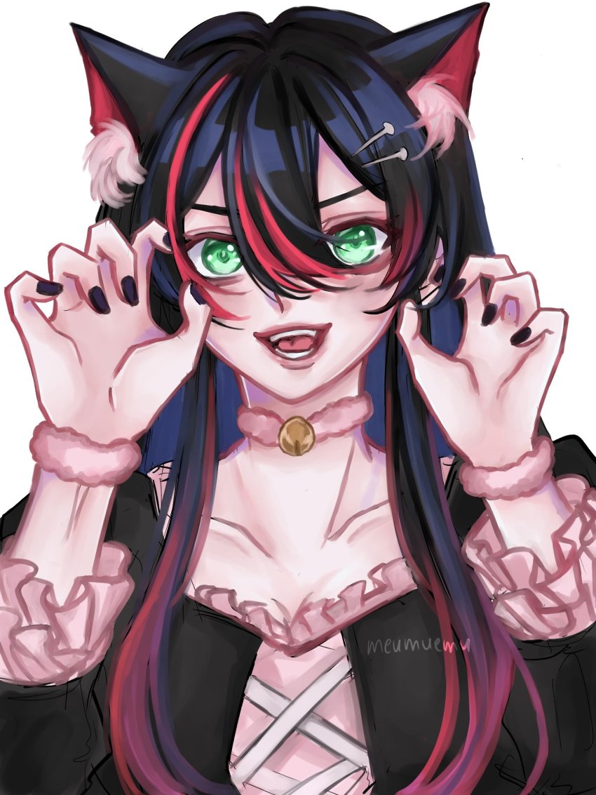 1girl animal_ears bell black_dress black_hair black_nails cat_ears claw_pose collarbone dress frilled_dress frills fur_choker green_eyes highres kemonomimi_mode mika_melatika miyu_(meumuemu) multicolored_hair nail_polish neck_bell nijisanji nijisanji_id open_mouth portrait red_hair smile solo streaked_hair virtual_youtuber white_background