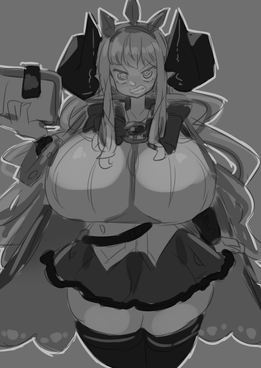 1girl akan_mori alternate_species breasts cagliostro_(granblue_fantasy) crown draph female_focus granblue_fantasy grey_background grin horns huge_breasts long_hair looking_at_viewer monochrome outline smile solo standing thick_thighs thighhighs thighs white_outline zettai_ryouiki