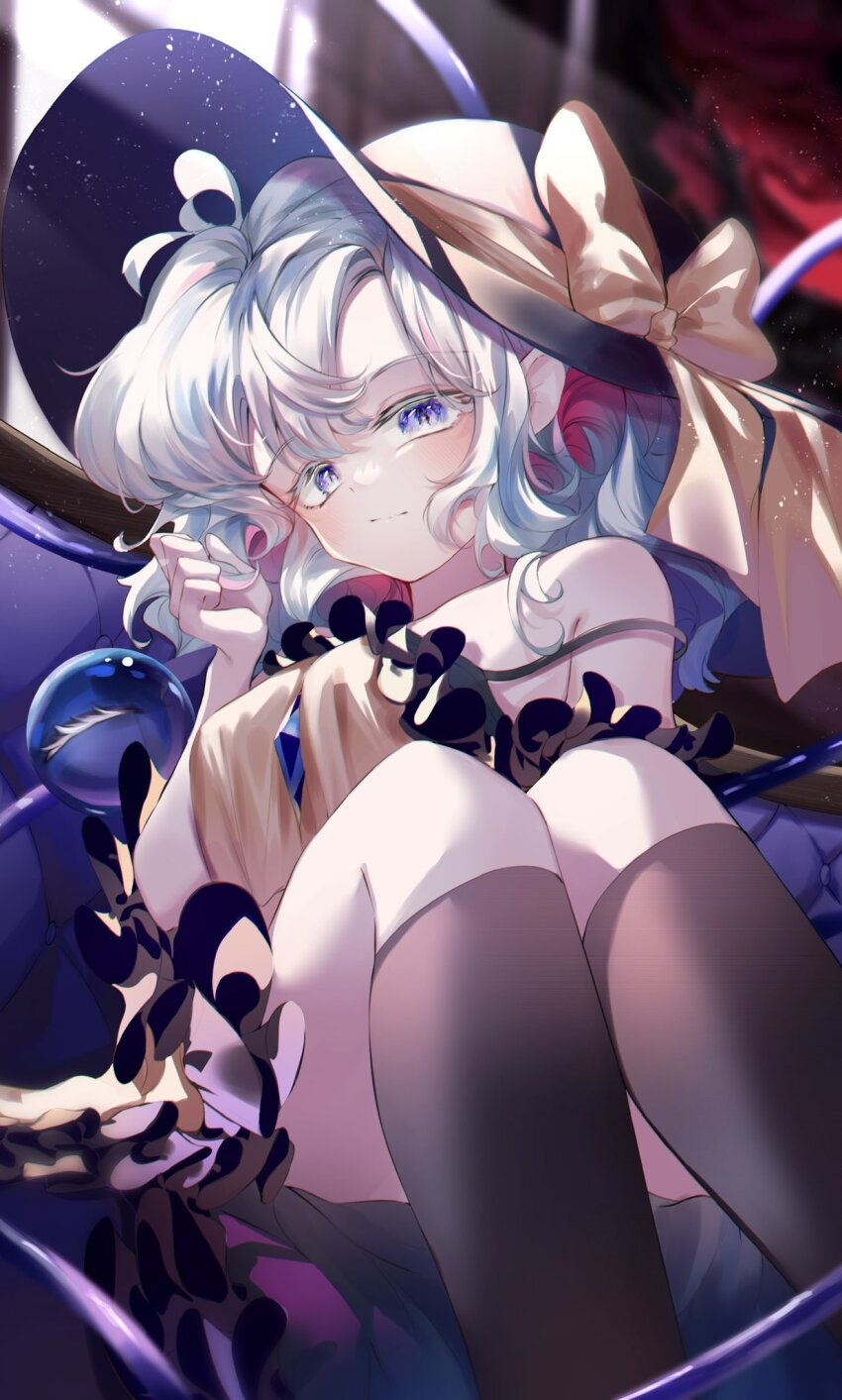 1girl bare_shoulders black_hat black_thighhighs blurry blurry_background bow calpis118 closed_mouth commentary_request feet_out_of_frame grey_eyes grey_hair hat hat_bow highres indoors koishi_day komeiji_koishi light_particles looking_at_viewer medium_hair sitting solo thighhighs third_eye touhou yellow_bow