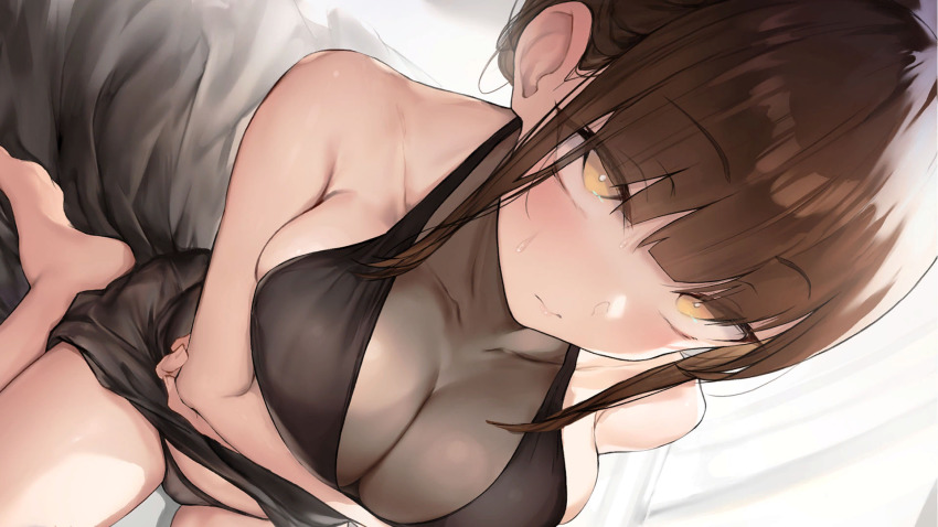 1girl bare_shoulders barefoot bed blunt_bangs blush breasts brown_hair cleavage closed_mouth crossed_arms dress embarrassed eyebrows_hidden_by_hair feet female_focus from_above game_cg groin highres indoors large_breasts legs looking_at_viewer original panties short_hair sidelocks sitting solo thighs underwear waymay yellow_eyes