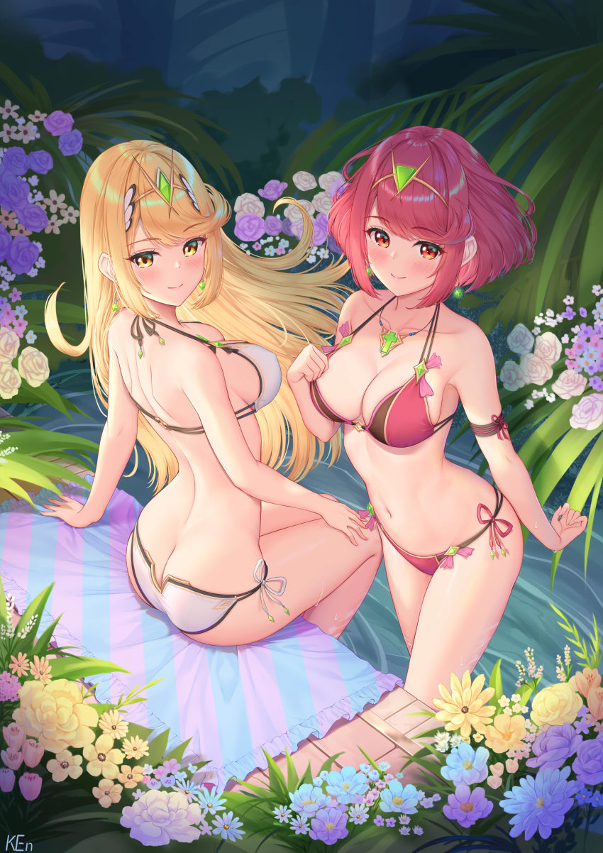 2girls absurdres bikini blonde_hair breasts butt_crack cleavage collarbone flower from_above halterneck hand_on_own_chest hand_on_own_knee highres jewelry ken-san large_breasts long_hair looking_at_viewer multiple_girls mythra_(xenoblade) navel necklace pyra_(xenoblade) red_bikini red_eyes red_hair short_hair side-tie_bikini_bottom sitting smile standing string_bikini swimsuit tiara white_bikini xenoblade_chronicles_(series) xenoblade_chronicles_2 yellow_eyes