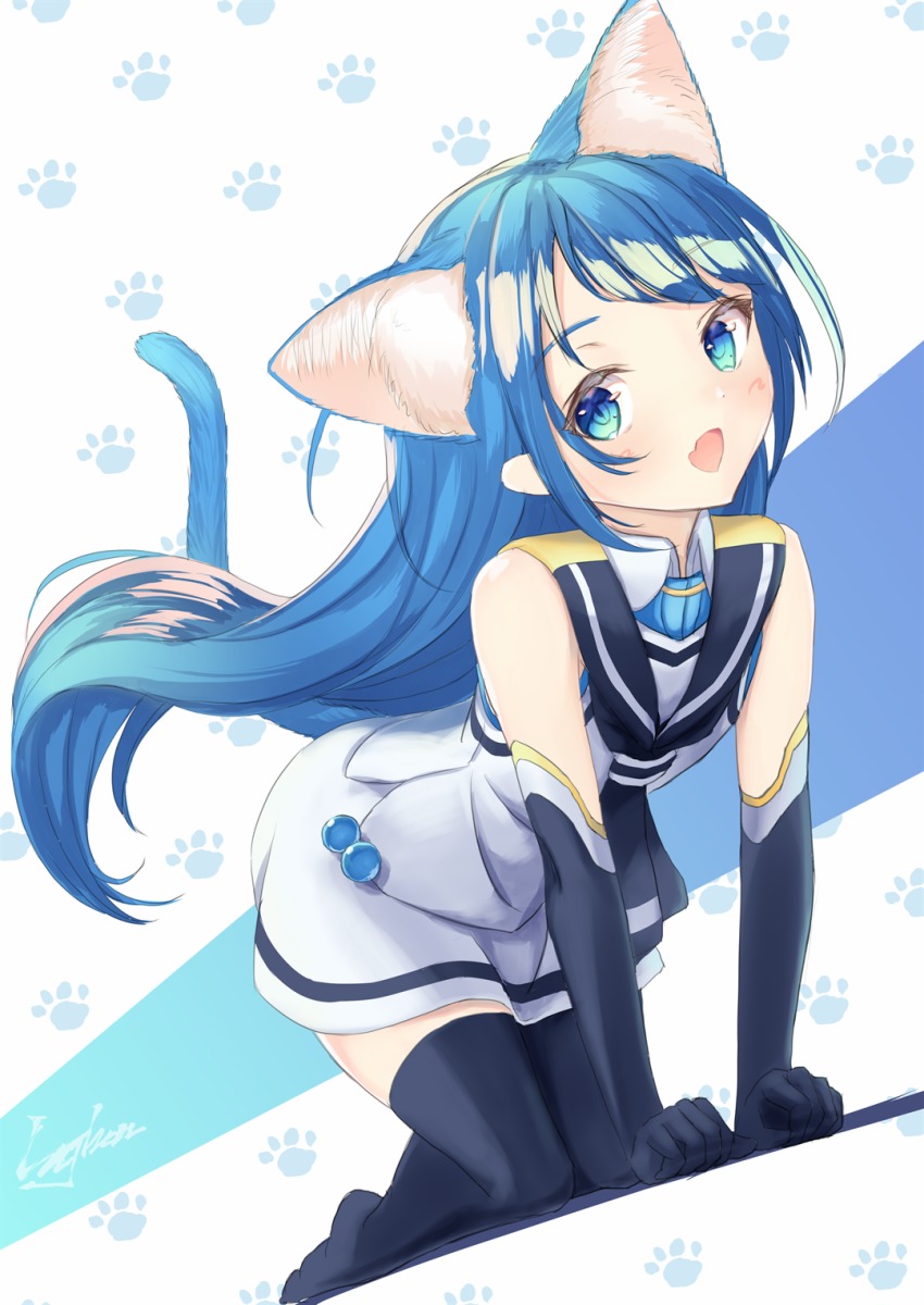 animal_ears bad_id bad_pixiv_id black_thighhighs blue_eyes blue_hair blush cat_ears cat_tail elbow_gloves full_body gloves gradient_hair highres kantai_collection lajhen2651 long_hair multicolored_hair neckerchief open_mouth sailor_collar samidare_(kancolle) school_uniform serafuku shirt sleeveless sleeveless_shirt solo swept_bangs tail thighhighs very_long_hair