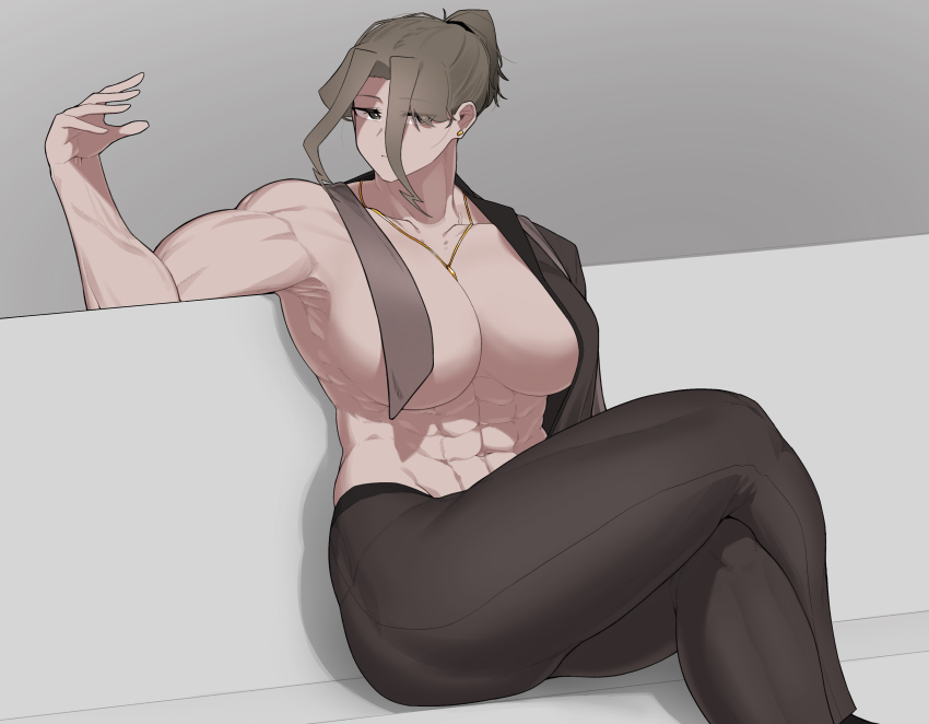 abs absurdres breasts brown_hair couch formal_clothes geumgang_(odd_snail) highres jacket jewelry large_breasts muscular muscular_female necklace necktie oddsnail original ponytail sitting suit topless undressing