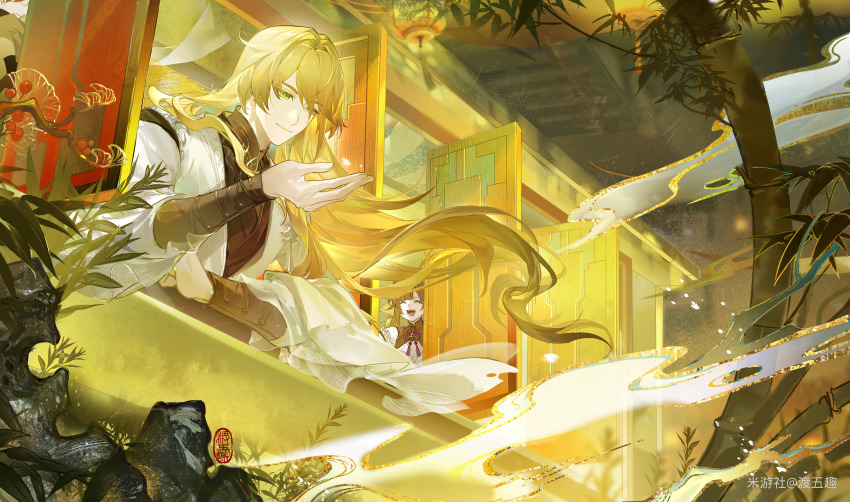 1boy 1girl :d absurdres architecture black_shirt black_shrug black_sleeves blonde_hair bow brown_hair chinese_clothes chinese_commentary closed_eyes commentary_request east_asian_architecture green_eyes hair_bow highres honkai:_star_rail honkai_(series) leaning_out_of_window looking_down luocha_(honkai:_star_rail) miyoushe_watermark open_mouth open_window outstretched_hand robe shirt shrug_(clothing) smile ste7619 sushang_(honkai:_star_rail) white_robe window yellow_bow