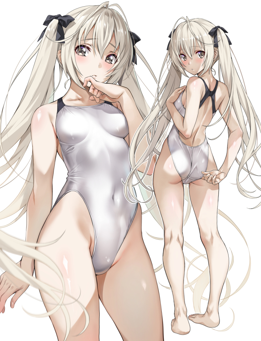 1girl adjusting_clothes adjusting_swimsuit black_eyes black_ribbon blush breasts collarbone competition_swimsuit covered_navel full_body groin hair_ribbon hand_on_own_chest highleg highres kasugano_sora long_hair looking_at_viewer looking_back medium_breasts multiple_views nagayori one-piece_swimsuit ribbon simple_background solo standing swimsuit teeth twintails very_long_hair white_background white_hair white_one-piece_swimsuit yosuga_no_sora