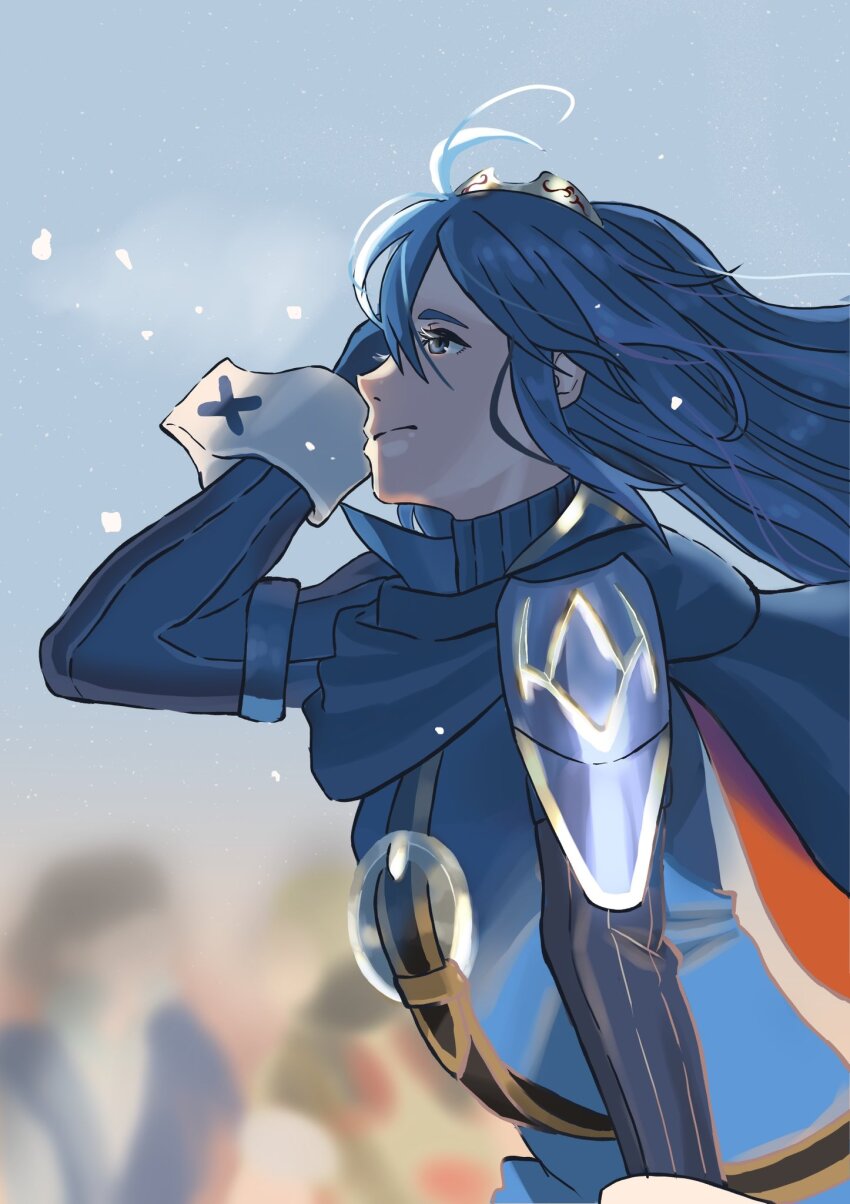 1girl armor belt blue_cape blue_eyes blue_gloves blue_hair cape closed_mouth cuffs fire_emblem fire_emblem_awakening gloves hair_between_eyes hair_flowing_over hand_in_own_hair highres long_hair lucina_(fire_emblem) nintendo peacefulandflat shoulder_armor smile solo solo_focus sweater tiara two-tone_cape wrist_cuffs