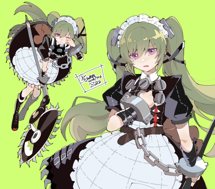 1girl absurdres apron belt black_dress boots brown_belt chain circular_saw corin_wickes cuffs dress eromkk full_body green_background green_hair hair_between_eyes hand_on_own_face highres holding holding_weapon knee_boots long_hair looking_at_viewer maid maid_apron maid_headdress multiple_views open_mouth puffy_short_sleeves puffy_sleeves purple_eyes saw screw_hair_ornament short_sleeves simple_background tearing_up tears twintails twitter_username upper_body weapon white_apron wiping_tears zenless_zone_zero