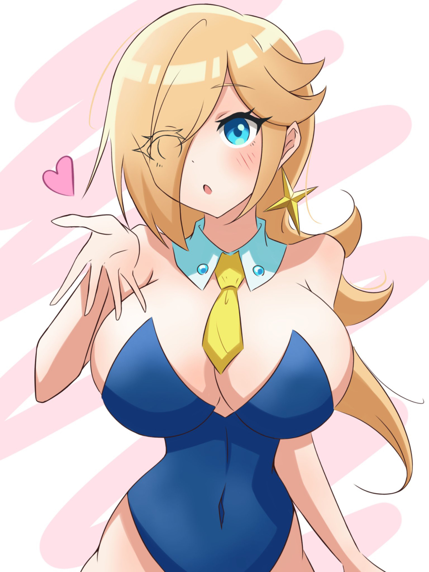 1girl blonde_hair blowing_kiss blue_eyes breasts cleavage covered_navel curvy hair_over_one_eye heart highres huge_breasts large_breasts legs leotard long_hair mario_(series) necktie nintendo puckered_lips rosalina solo thighs