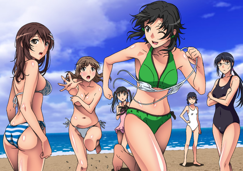 6+girls ass beach bikini black_hair breasts brown_hair character_request covering_breasts covering_privates female_focus groin large_breasts long_hair masaki_nonoka multiple_girls muroto_aki navel niimi_haruka_(photokano) ocean one-piece_swimsuit photokano rudoni running sakura_mai_(photokano) sanehara_hikari short_hair standing summer swimsuit topless yunoki_rina