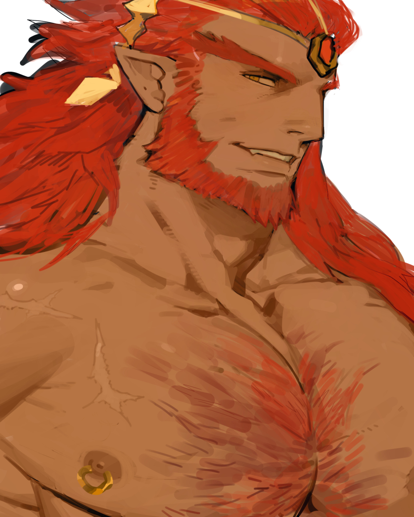 1boy bara bare_shoulders beard chest_hair collarbone commentary dark-skinned_male dark_skin english_commentary facial_hair fangs ganondorf gem gomihebi highres long_hair looking_at_viewer male_focus nintendo nipple_piercing nipples pectorals piercing pointy_ears profile red_gemstone red_hair scar scar_on_chest simple_background smile solo teeth the_legend_of_zelda tiara topless_male upper_body white_background yellow_eyes