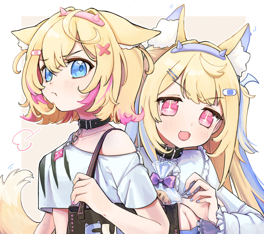 +_+ 2girls :t animal_collar animal_ears bag bag_of_cookies bandaid bandaid_hair_ornament belt_collar black_collar blonde_hair blue_eyes blue_hair blue_hairband blush breasts center_frills cleavage cleavage_cutout clothing_cutout collar commentary cookie cropped_shirt crossed_bangs dog_ears double-parted_bangs dress fake_horns fang food frilled_sleeves frills fuwawa_abyssgard fuwawa_abyssgard_(1st_costume) hair_between_eyes hair_intakes hair_ornament hairband hairclip highres hololive hololive_english horn_hairband horns large_breasts long_hair long_sleeves looking_at_object looking_at_viewer midriff_peek mococo_abyssgard mococo_abyssgard_(1st_costume) multicolored_hair multiple_girls no_jacket off_shoulder pink_eyes pink_hair pink_hairband pout puff_of_air shibedraws shirt short_hair shoulder_bag siblings sideways_glance single_bare_shoulder skin_fang sound_effects spiked_collar spikes streaked_hair t-shirt twins two_side_up upper_body virtual_youtuber white_dress white_shirt x_hair_ornament