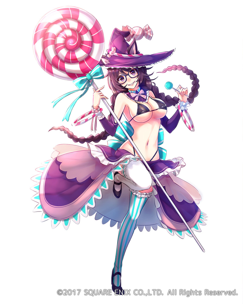 1girl animal_ears asymmetrical_legwear bikini black_bikini bow braid breasts brown_hair candy cat_ears cleavage detached_collar detached_sleeves ears_through_headwear female_focus food frills full_body glasses hat highleg highleg_bikini highres large_breasts lollipop long_hair looking_at_viewer mappaninatta mismatched_legwear navel official_art purple_eyes sarong smile solo standing standing_on_one_leg striped_clothes striped_thighhighs swimsuit thighhighs twin_braids venus_rumble vertical-striped_clothes vertical-striped_thighhighs watermark white_background witch_hat