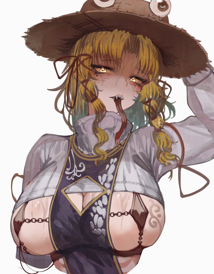 1girl adapted_costume breasts brown_hat cleavage commentary english_commentary hand_on_headwear hat highres large_breasts long_sleeves long_tongue looking_at_viewer mole mole_under_eye moriya_suwako parted_bangs simple_background solo tattoo tomatolover16 tongue touhou upper_body white_background yellow_eyes