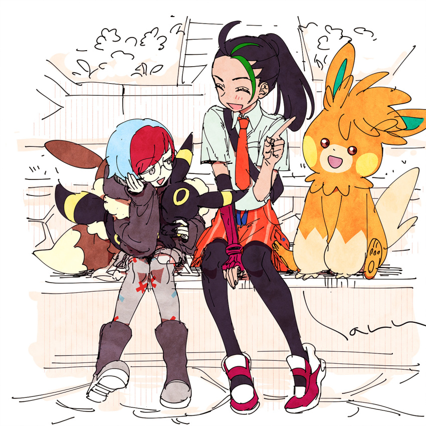 2girls blue_hair boots closed_eyes collared_shirt commentary_request creatures_(company) game_freak gen_2_pokemon glasses gloves green_hair haruhashi highres hood hood_down hoodie index_finger_raised long_hair long_sleeves multicolored_hair multiple_girls necktie nemona_(pokemon) nintendo open_mouth pantyhose pawmot penny_(pokemon) pokemon pokemon_(creature) pokemon_sv ponytail red_hair shirt shoes short_hair short_sleeves shorts single_glove streaked_hair umbreon white_shirt